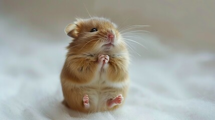 Wall Mural -   A hamster standing on its hind legs on a white blanket with its front paws in the air