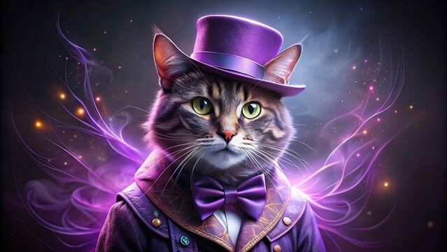 Enchanting cat dressed as a magician with purple glow , cat, animal, magician, costume, enchanted, magical, fantasy, purple, glow