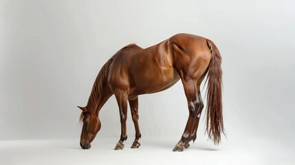 Wall Mural -   A brown horse standing on a white floor next to a monochrome photo of its head