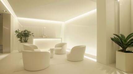 Wall Mural - a sleek and modern sitting area with minimalist furnishings and a neutral color scheme, highlighted by a pristine white canvas adorning one wall