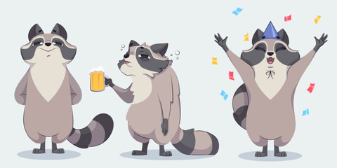 Wall Mural - Funny racoon characters set isolated on white background. Vector cartoon illustration of animal mascot standing happy, drinking beer glass with hangover, celebrating holiday at party with confetti