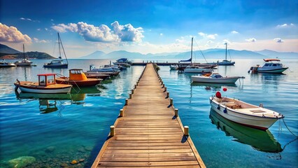 Poster - Pier on the sea with boats docked, pier, sea, ocean, water, dock, boats, summer, vacation, peaceful, tranquil, destination