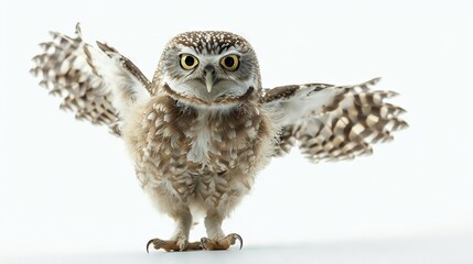 Poster -   A tiny owl perched upright, wings outstretched, with large opened eyes