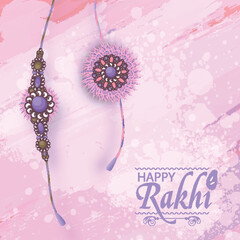 Canvas Print - Happy Rakhi Greeting Card with Pair of Hanging Rakhi (Wristband) on Pink Texture Background.