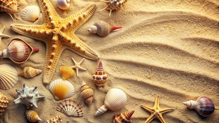 Poster - Adorable sea-themed accessories with seashells and starfish on a sandy beach background, sea, cute, small items, beach