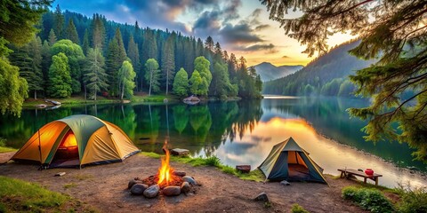 Wall Mural - Serene lakeside campsite with cozy tents and bonfire, surrounded by lush greenery and calm waters, camping, outdoors, nature