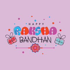 Poster - Colorful Happy Raksha Bandhan Text with Gift Boxes on Pastel Purple Background.