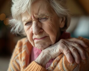 Canvas Print - An older woman with a sweater on is holding her arm. Generative AI.