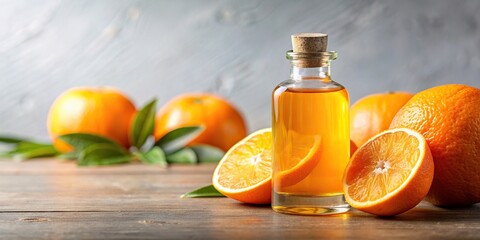 Wall Mural - Orange extract in a bottle on a clear background, orange, extract, bottle, clear, liquid, citrus, fresh, ingredient, natural