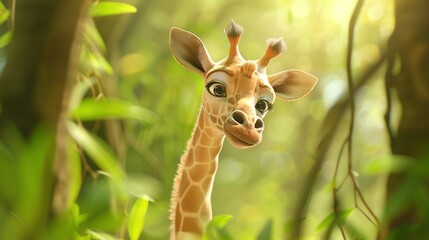 Poster -   A close-up of a giraffe's face amidst a lush, green forest