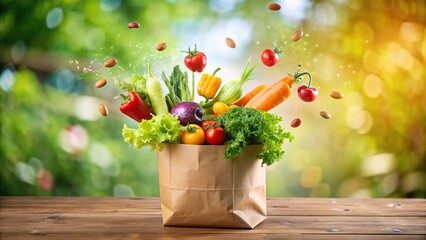 Wall Mural - Vegetables in a paper bag with flying vegetables on blurred background , Vegetables, paper bag, flying, healthy