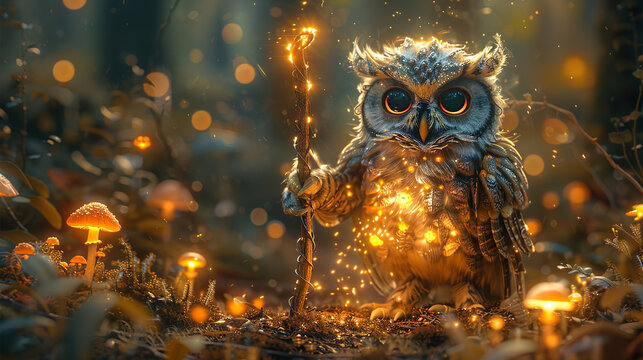 Cute witch owl with big eyes, holding a magic wand, surrounded by glowing mushrooms in the forest