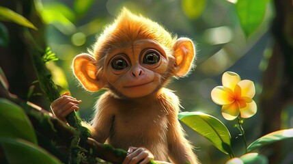 Wall Mural -   A close-up of a monkey on a tree branch with a clear flower in the foreground and an out-of-focus background