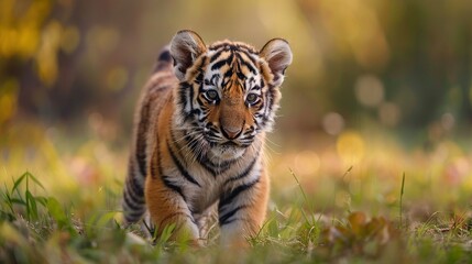 Sticker -   A sharp focus on a tiny tiger strolling amidst lush grass with towering trees in the distance and a blurred backdrop