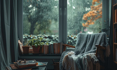 Wall Mural - a cozy reading nook by a window on a rainy day background-generative ai