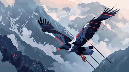 Wall Mural -  A bird flying in the sky against a mountainous and cloudy background