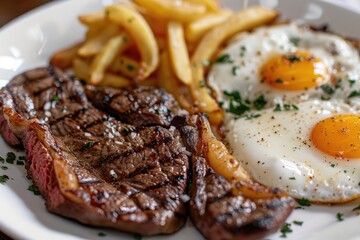 Wall Mural - Juicy steak and eggs on a plate with fries