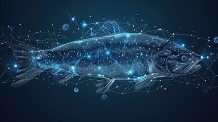 Poster - A fish is shown in a blue and white color scheme. The fish is surrounded by stars and planets, giving the impression of a cosmic fish. The image is abstract and surreal, with a dreamy