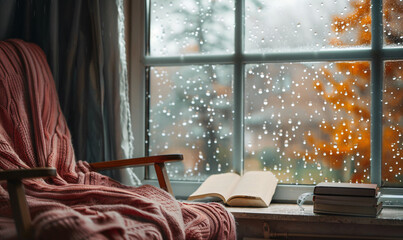 Wall Mural - a cozy reading nook by a window on a rainy day background-generative ai