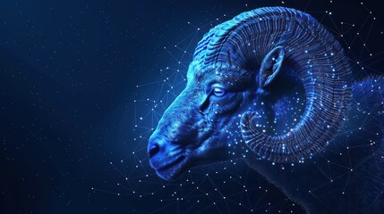 Poster - A blue ram with a star on its head. The ram is walking through a field of stars