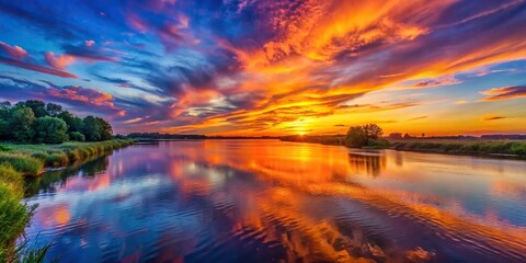 Wall Mural - Vibrant sunset painting the sky over a calm river, sunset, river, water, reflection, dusk, colorful, vibrant, sky, horizon