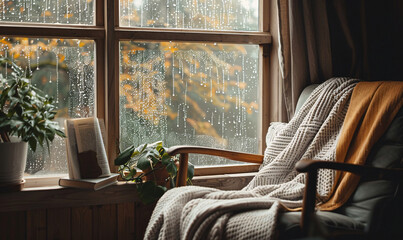 Wall Mural - a cozy reading nook by a window on a rainy day background-generative ai