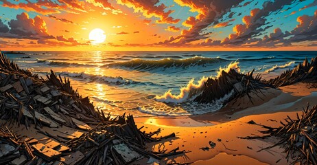 shipwreck at sea ocean sunset in summer. tropical ocean beach with debris on island shore coast. seascape landscape.