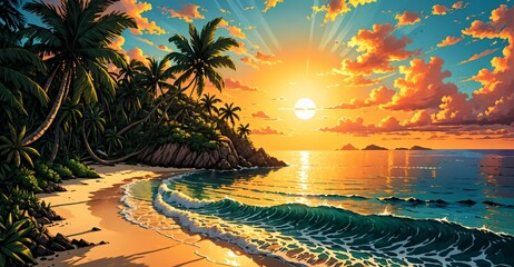 Canvas Print - beach ocean island sunset. tropical sea water waves on shoreline. sand on shore waterfront coast and paradise palm trees.