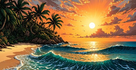 Wall Mural - beach ocean island sunset. tropical sea water waves on shoreline. sand on shore waterfront coast and paradise palm trees.
