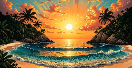Sticker - beach ocean island sunset. tropical sea water waves on shoreline. sand on shore waterfront coast and paradise palm trees.