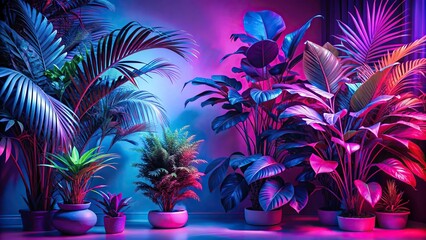 Bright neon tropical plants in purple, pink, and blue tones with a cyberpunk-style ficus , neon, tropical, plants, leaves, purple