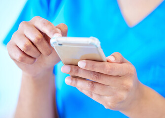 Poster - Woman, nurse and phone in hands for consultation, planning and hospital website for research. Female person, clinic schedule and telehealth or medicare, surgeon and communication on app or results