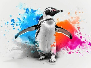 Poster - Grayscale penguin with a color explosion highlighting its flippers isolated on a white background in a modern abstract and