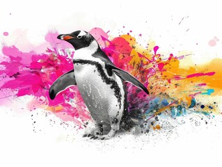 Poster - This visually striking image showcases a grayscale penguin with its flippers highlighted by a vivid color explosion