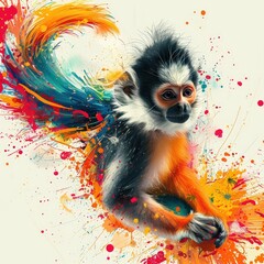 Poster - of a black and white monkey with a tail set against a vibrant colorful explosion on a white background creating a dynamic and visually striking composition