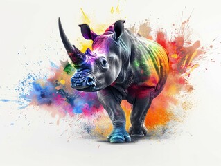 Poster - A digital showcasing a powerful and vibrant rhinoceros with a horn exploding in a burst of colorful  abstract paint splatters and graphic elements