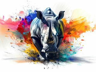 Canvas Print - Powerful rhinoceros with a majestic horn surrounded by a vibrant burst of colorful paint like splashes and textures on a clean  abstract background  This striking