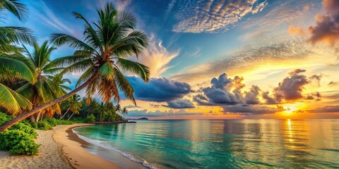 Wall Mural - Panoramic view of a beautiful sunset on a tropical beach with palms and turquoise ocean, sunset, tropical, beach, palms