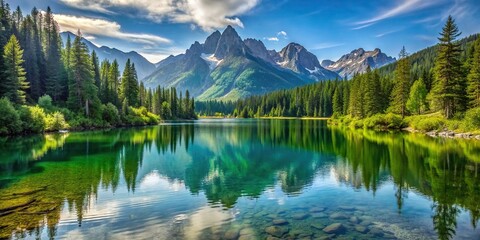 Wall Mural - Serene lake nestled in the mountains, surrounded by lush greenery and towering peaks, mountain, lake, scenery, nature