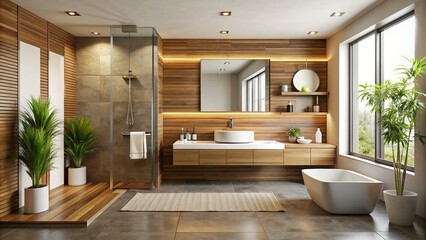 Poster - Modern bathroom featuring wooden accents and a sleek design, modern, bathroom, wooden, details, contemporary, interior, design