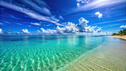 Wall Mural - Scenic beach view with clear blue skies and crystal clear water, summer vacation, holiday, tropical, relaxation, travel