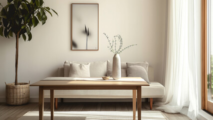 Wall Mural - Excellent minimalist living room, sofa, flower pot, jar, table, copy space, wall, art, design, mock-up