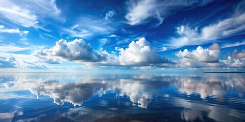 Wall Mural - Large body of water reflecting cloudy blue sky, ocean, sea, lake, reflection, sky, clouds, peaceful, serene, nature, tranquil