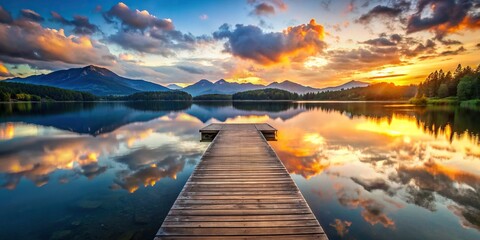 Wall Mural - Tranquil mountain lake reflecting a stunning sunset on a wooden pier, sunset, tranquil, mountain, lake, water, reflection, sky