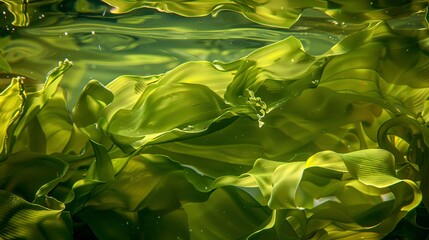 Wall Mural - macro shot of green sea lettuce, translucent leaves floating gracefully in shallow waters.