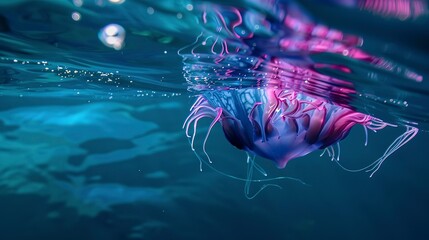 Canvas Print - Close-up of a Portuguese man oâ€™ war, bright blue and pink hues, floating on the ocean surface. 