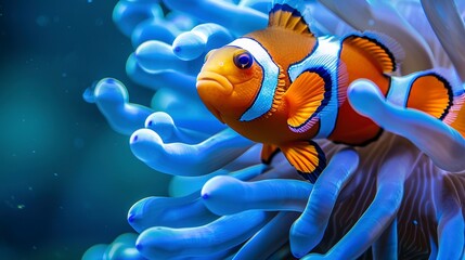 Wall Mural - Macro shot of a clownfish with its striking orange and white stripes, contrasted against a blue anemone. 