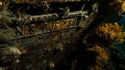 Close-up of a ship's nameplate, partially obscured by sea growth, mysterious and forgotten. 