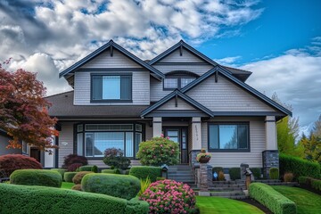 Wall Mural - A suburban home with a mix of light gray and dark gray exterior, a sloped roof, and a front yard with green bushes and a few colorful flowers.