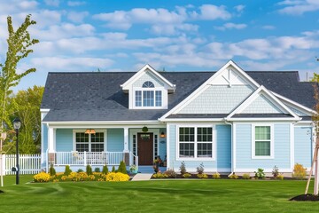 Wall Mural - A suburban home with a light blue exterior, white trim, a dark gray roof, and a front yard with green grass, yellow flowers, and a white picket fence.